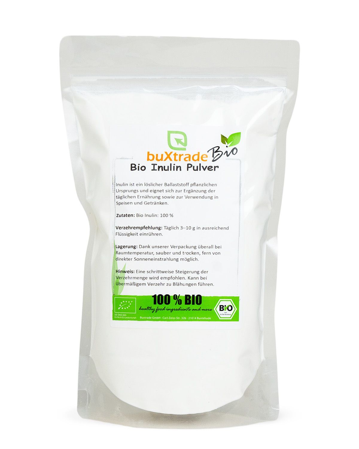 Verpackung von buXtrade Bio Inulin Pulver, 100% BIO-zertifiziert.