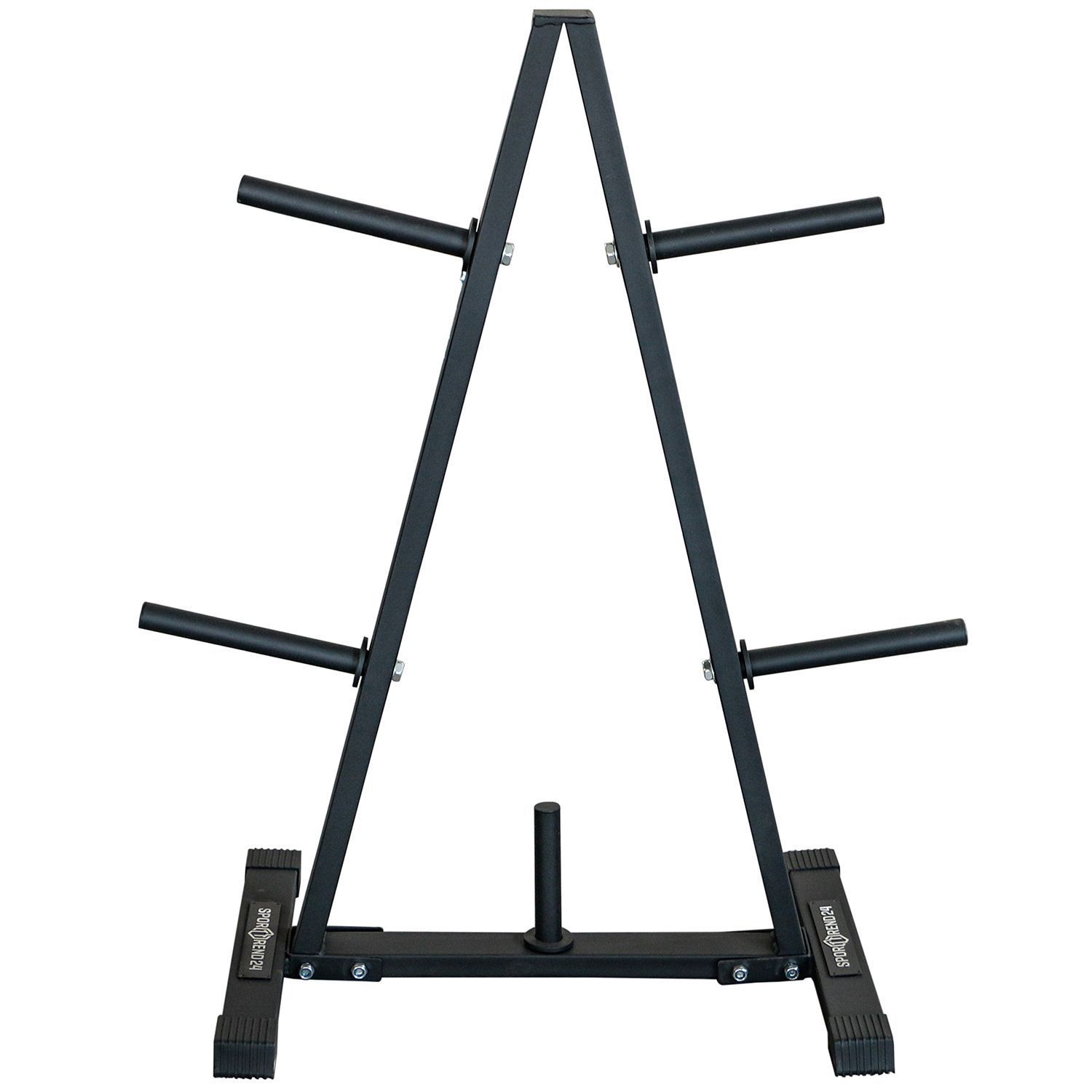 Schwarzer Scheibenständer mit drei horizontalen Stangen auf jeder Seite. A-förmiges Design mit Standfüßen. Sporttrend 24 Logo.