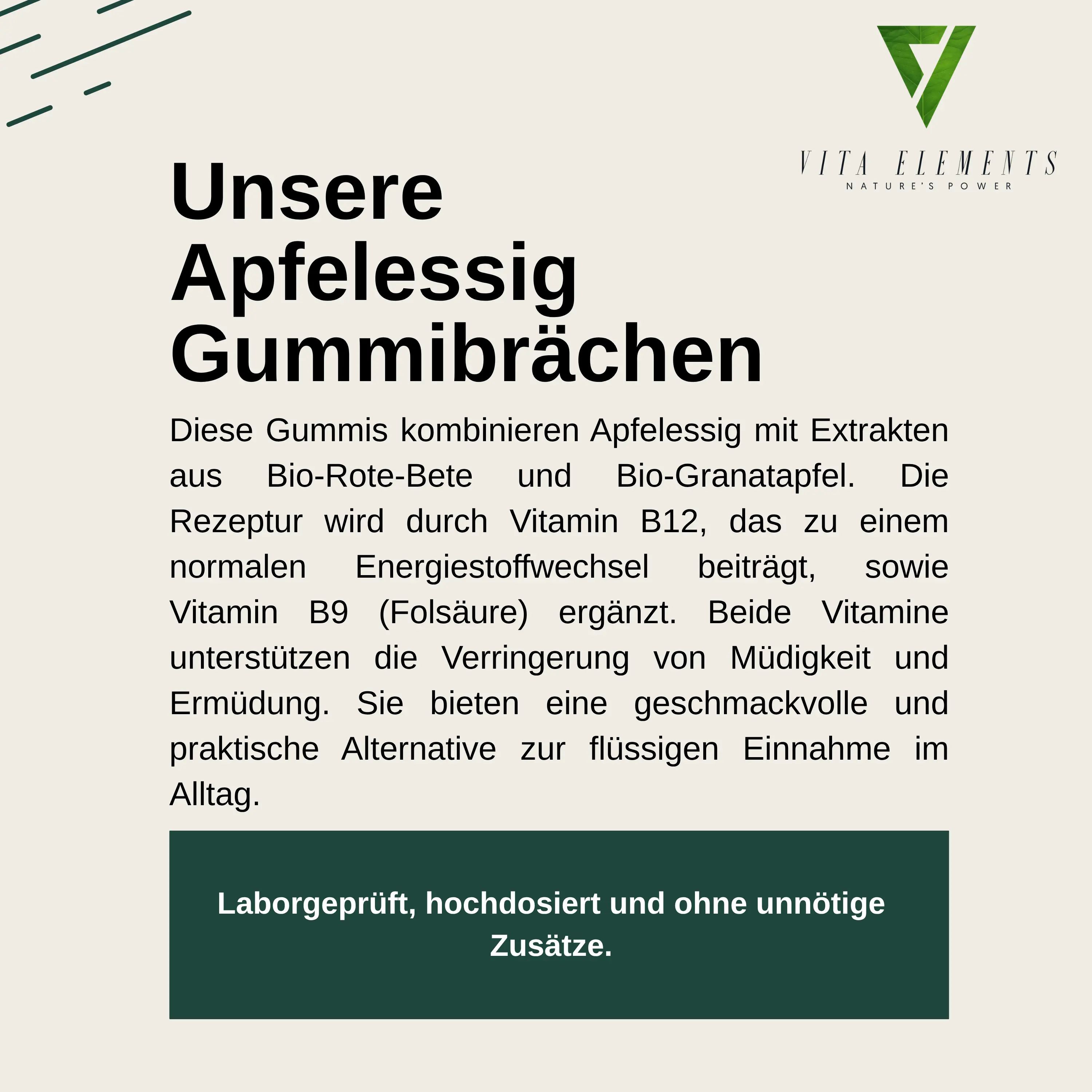 Textfeld mit Informationen über Apfelessig Gummibärchen, Vitamine und Inhaltsstoffe.