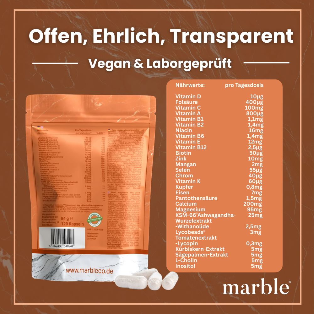 Beutel mit Kapseln. Text: Offen, Ehrlich, Transparent, Vegan & Laborgeprüft. Nährwerttabelle mit Vitaminen und Mineralien. Marke: marble.