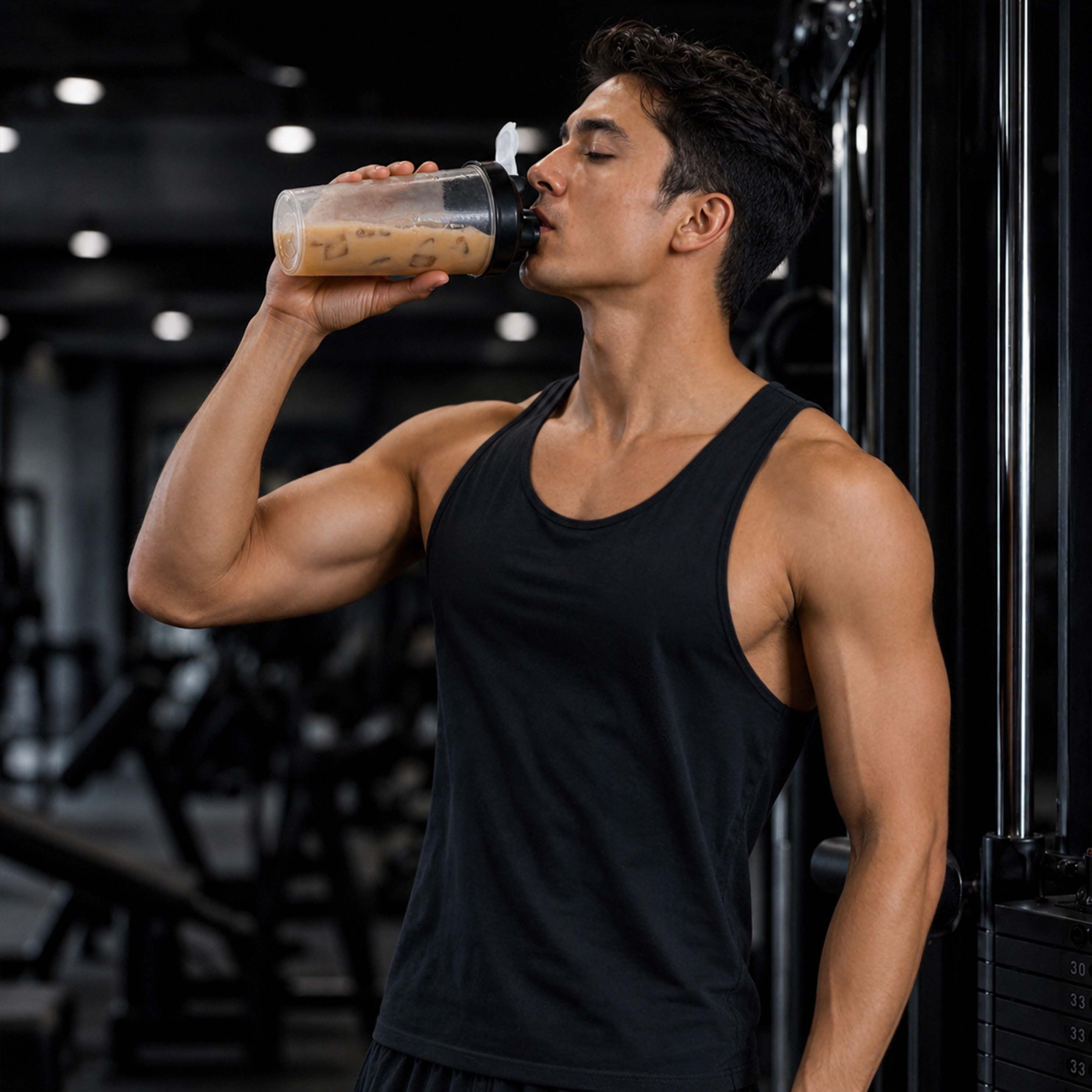 Mann trinkt Neosupps Protein Coffee aus einem Shaker in einem Fitnessstudio.
