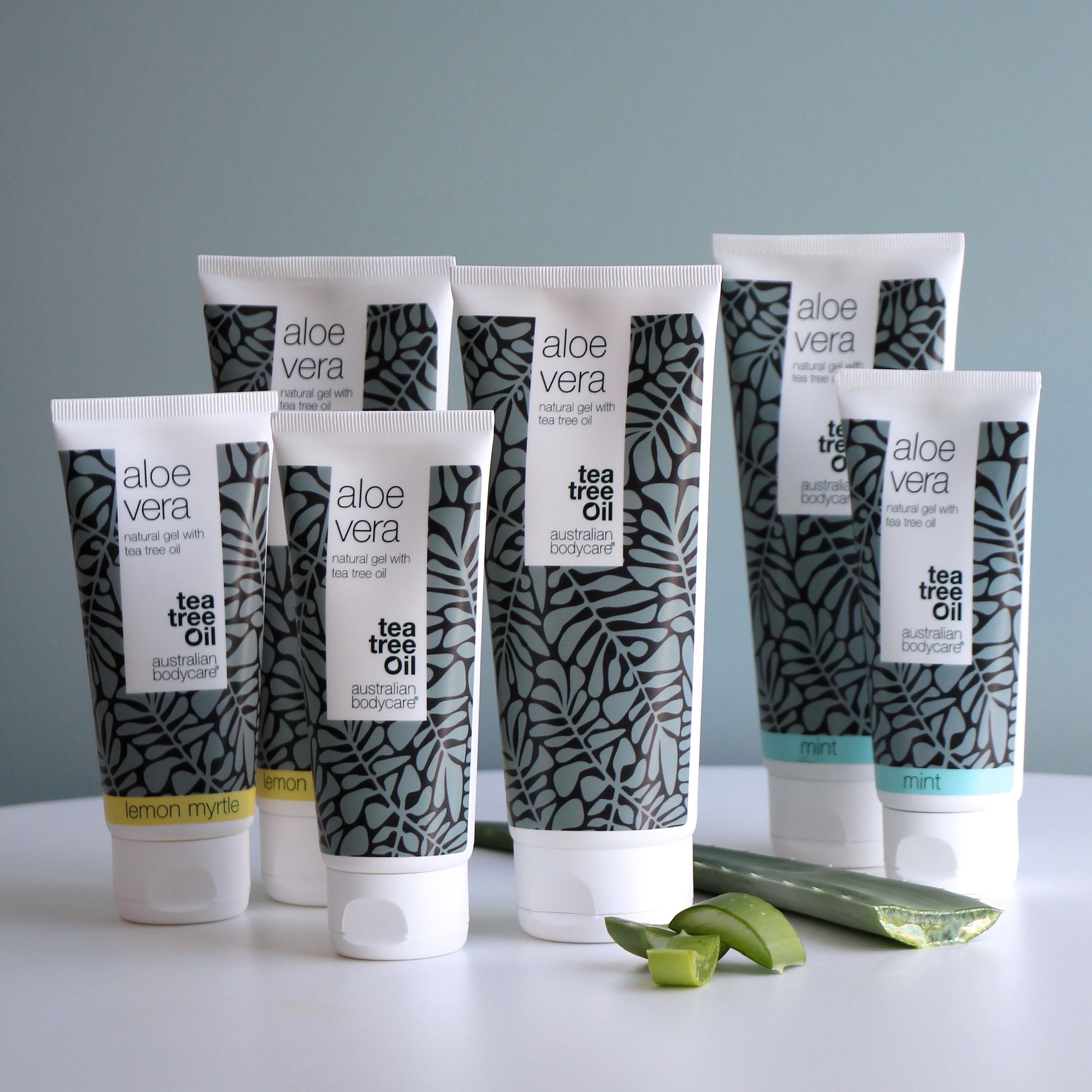 Mehrere Tuben Aloe Vera Gel. Aufschrift: Aloe Vera, Tea Tree Oil, Australian Bodycare. Verschiedene Größen und Farben.