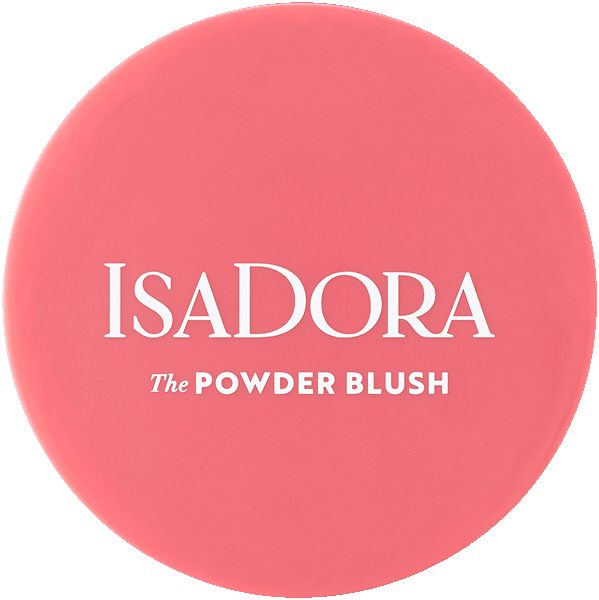Runder, rosafarbener IsaDora Powder Blush. Weißer Schriftzug: IsaDora, The Powder Blush. Kompakte Form.