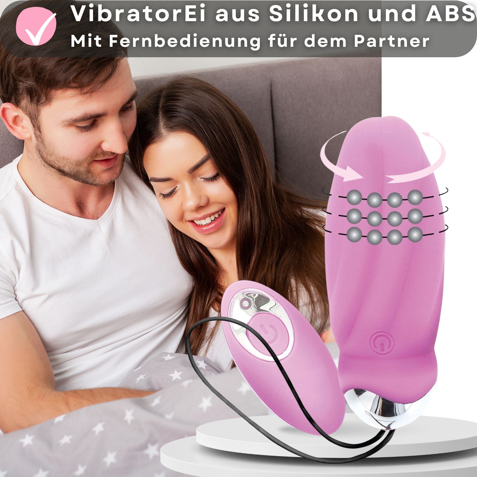 Rosa Vibrator-Ei. 8 Vibrationsmodi. Wiederaufladbar über USB. Silikon und ABS. Mit Fernbedienung. 9 cm lang, 3,3 cm Durchmesser.