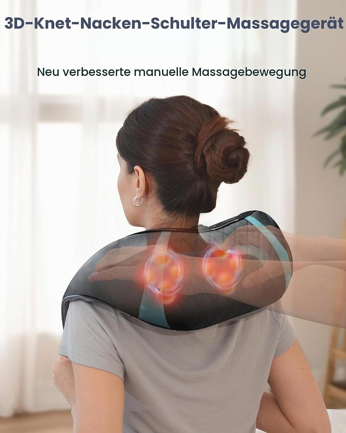 Vier Anwendungsbereiche für ein flexibles Massagegerät: Nacken/Schulter, Unterer Rücken, Bauch, Wade.