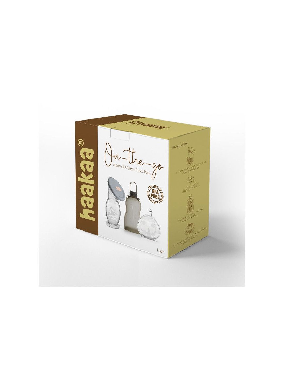 Produktverpackung. Enthält Milchpumpe, Beutel und Behälter. Aufdruck mit Produktabbildung und Text. Braune und gelbe Farben.
