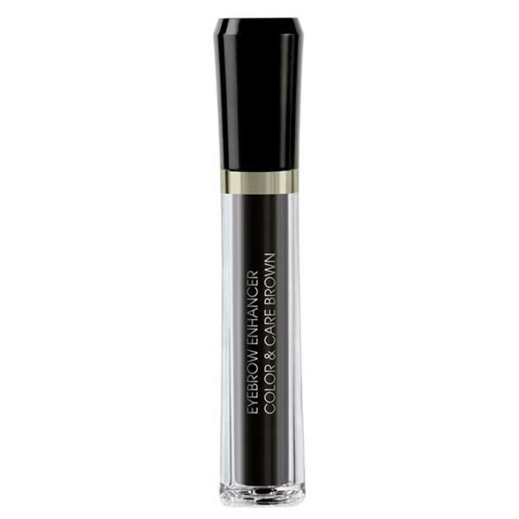 M2 Beauté Eyebrow Enhancer Color & Care Brown, Flasche und Verpackung. Schwarze Flasche, braune Schrift.