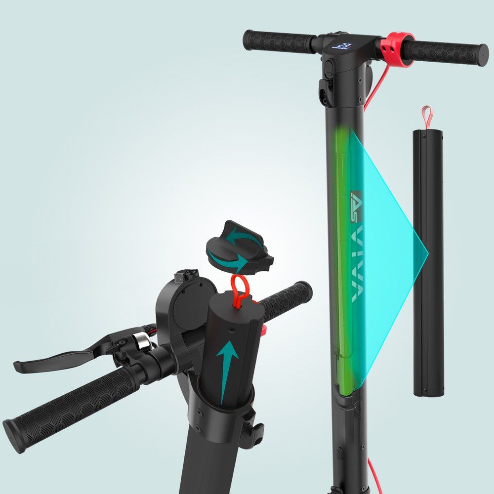Detailansicht des E-Scooters: abnehmbarer Akku im Rahmen und Verriegelungsmechanismus am Lenker.