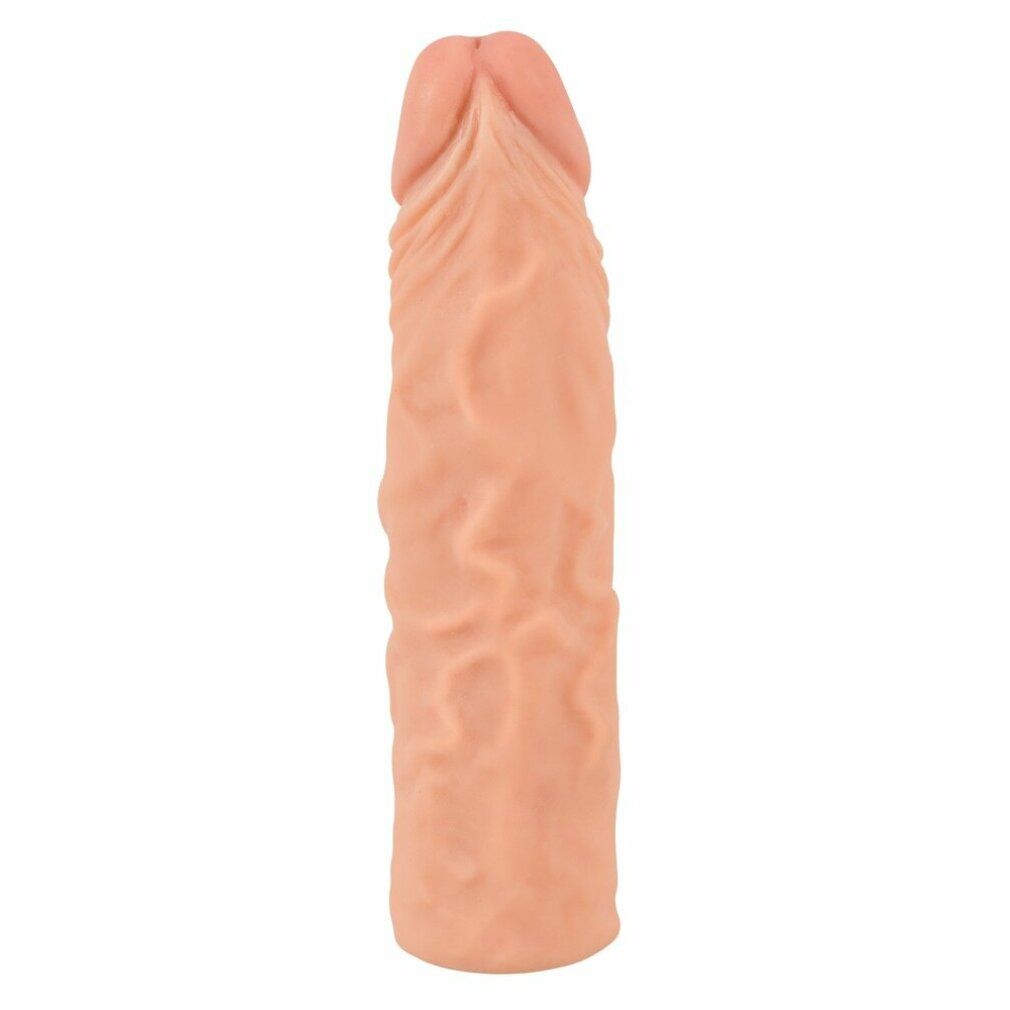 Penis-Erweiterungshülse, haut farben, mit geriffelter Oberfläche. Gezeigt aus leichtem Winkel.