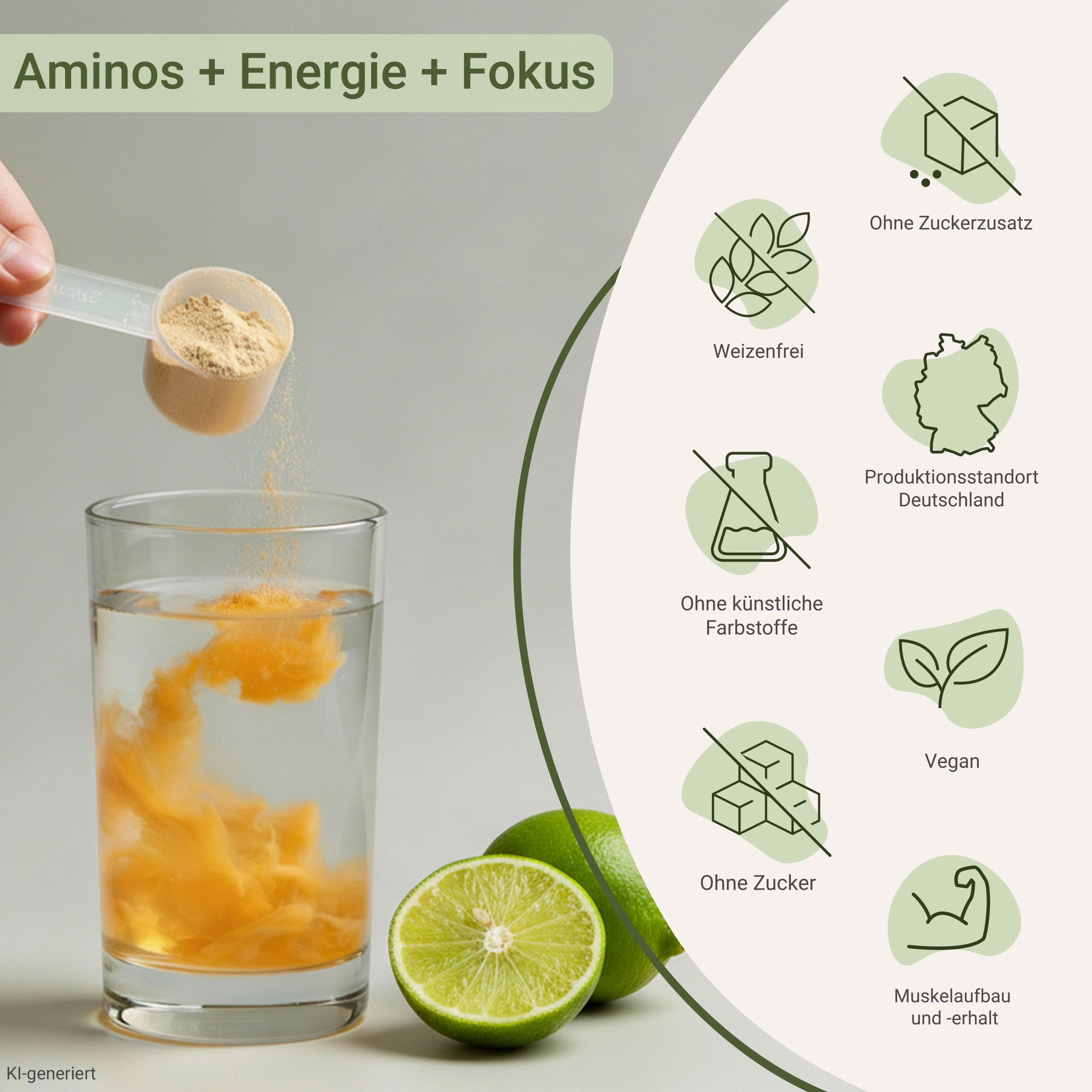 Pulver wird in ein Glas Wasser gegeben, daneben Limetten und Icons mit Produktmerkmalen.