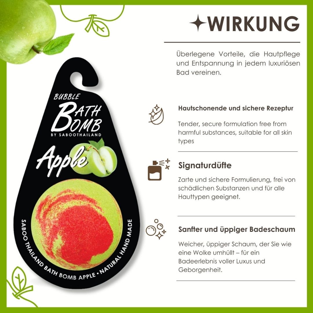Werbebild mit Apfel-Bad Bombe. Text und Illustrationen. Enthält Informationen über die Wirkung, Inhaltsstoffe und Anwendung.