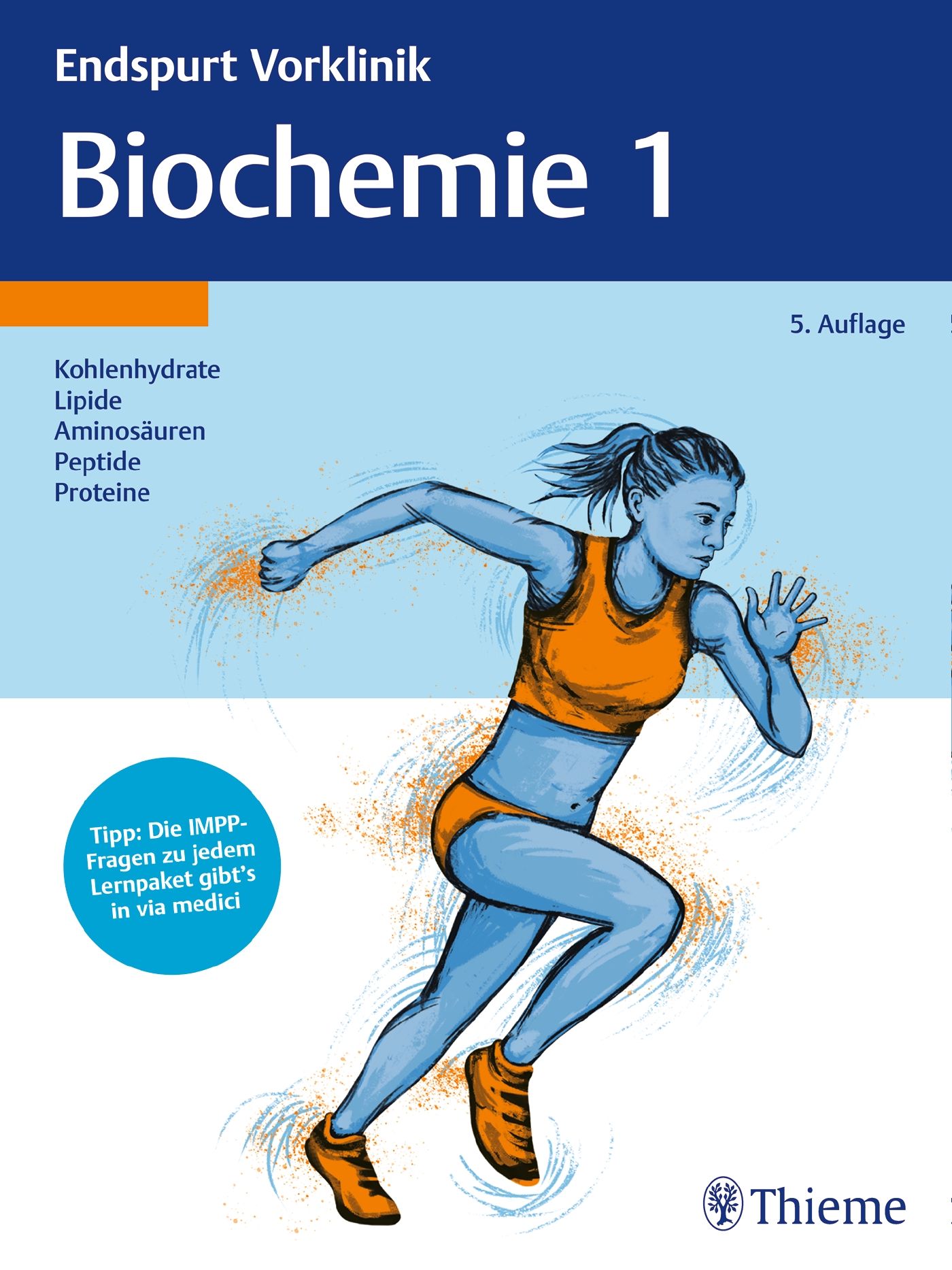 Buchcover mit Titel 'Biochemie 1'. Abbildung einer laufenden Frau. Enthält Stichworte zu Inhalten. Verlag Thieme.