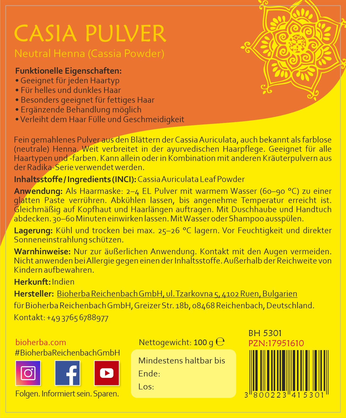 Nahaufnahme des Etiketts. Aufschrift: Casia Pulver, Neutral Henna. Inhaltsstoffe, Anwendung, Warnhinweise. 100 g.
