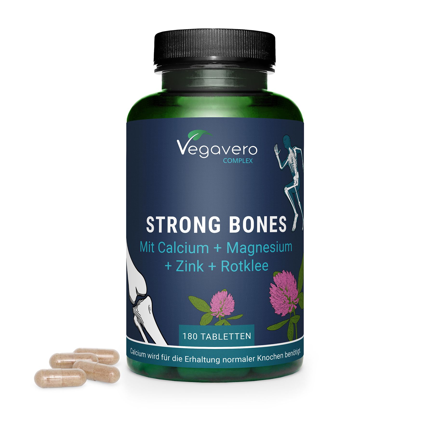 Grüne Flasche mit Kapseln. Aufschrift: Strong Bones, Vegavaro, 180 Tabletten. Enthält Calcium, Magnesium, Zink und Rotklee.
