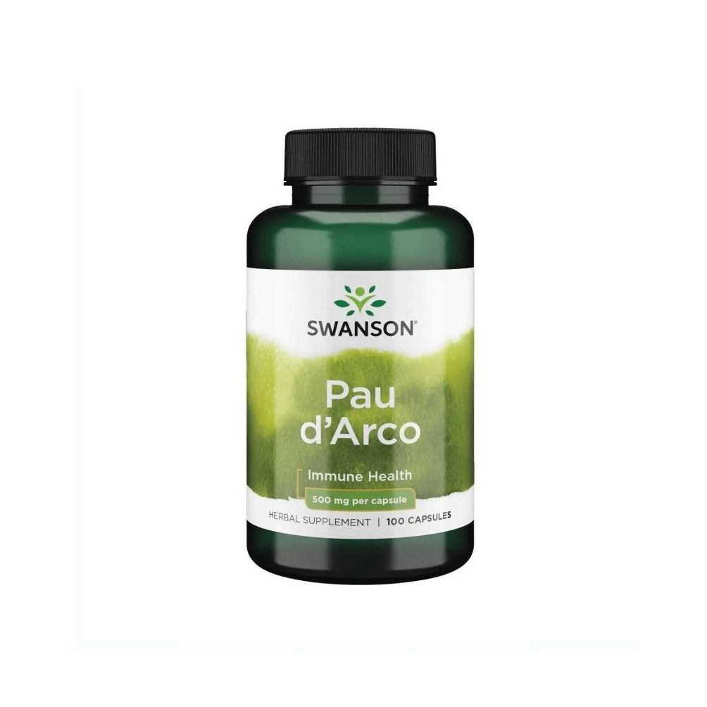 Grüne Flasche mit schwarzem Deckel. Aufschrift: SWANSON, Pau d'Arco, Immune Health, 500 mg pro Kapsel, Herbal Supplement, 100 Kapseln.