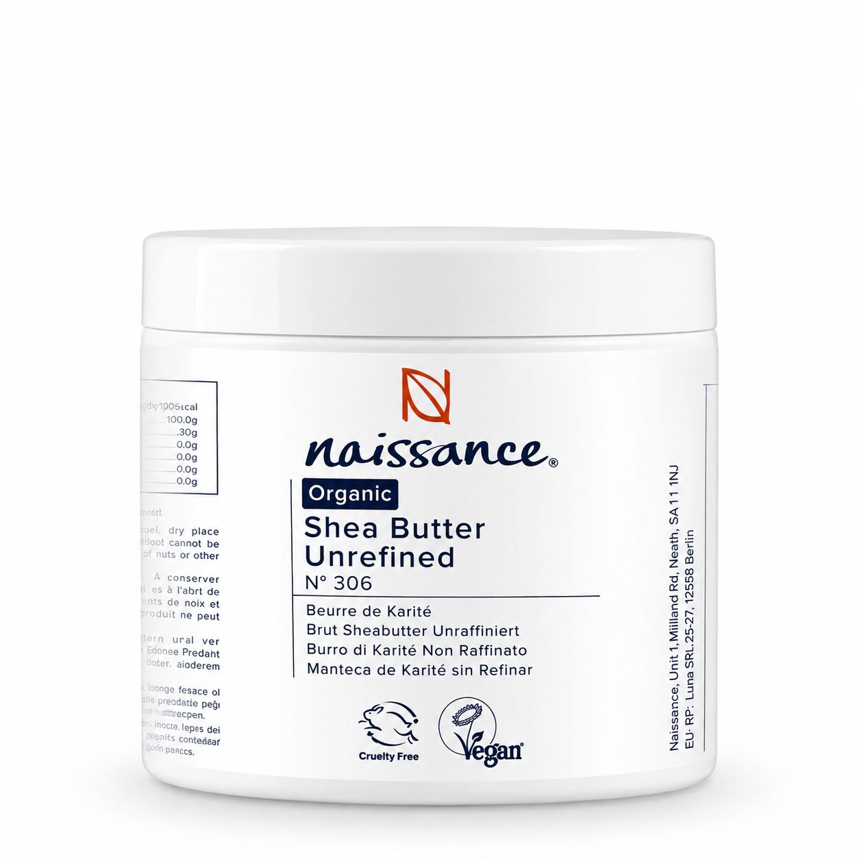 Weißer Behälter mit Naissance Bio Shea Butter Unraffiniert.