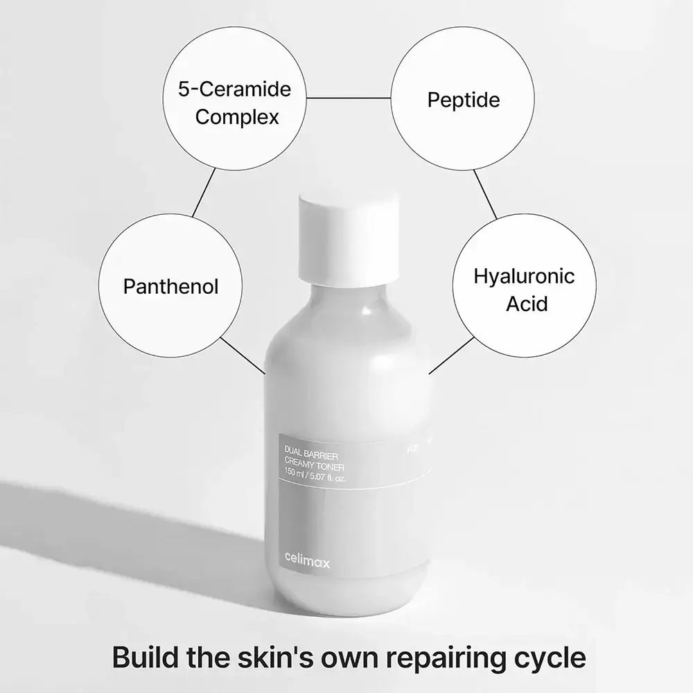 Weiße Flasche mit weißem Deckel. Grafische Elemente: 5-Ceramide Complex, Peptid, Hyaluronsäure, Panthenol. Produkt: Dual Barrier Creamy Toner.