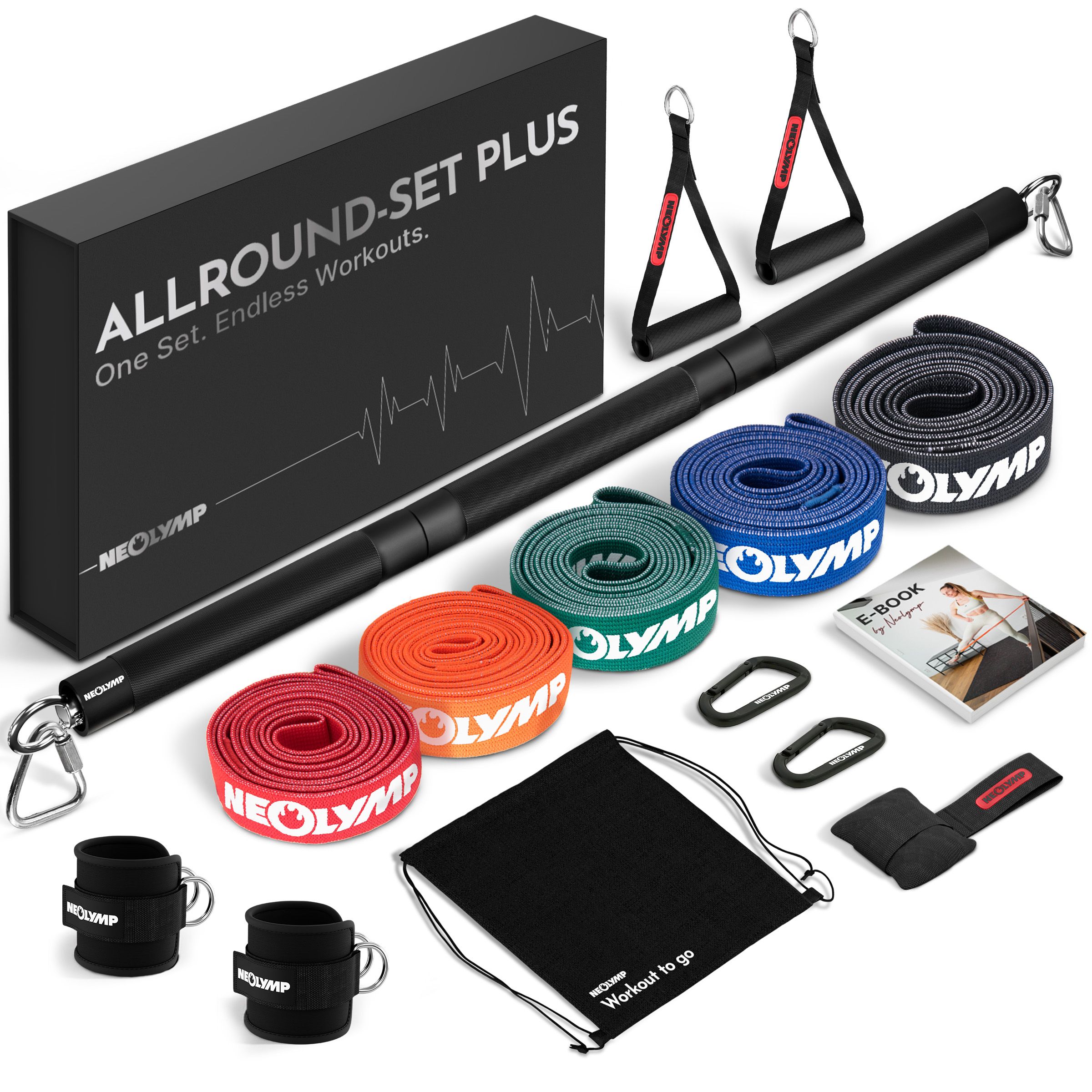 Fitnessband-Set mit Zubehör. Enthält Bänder, Griffe, Stange, Fußschlaufen, Karabiner, Tasche und E-Book. Schwarze Verpackung mit Logo.