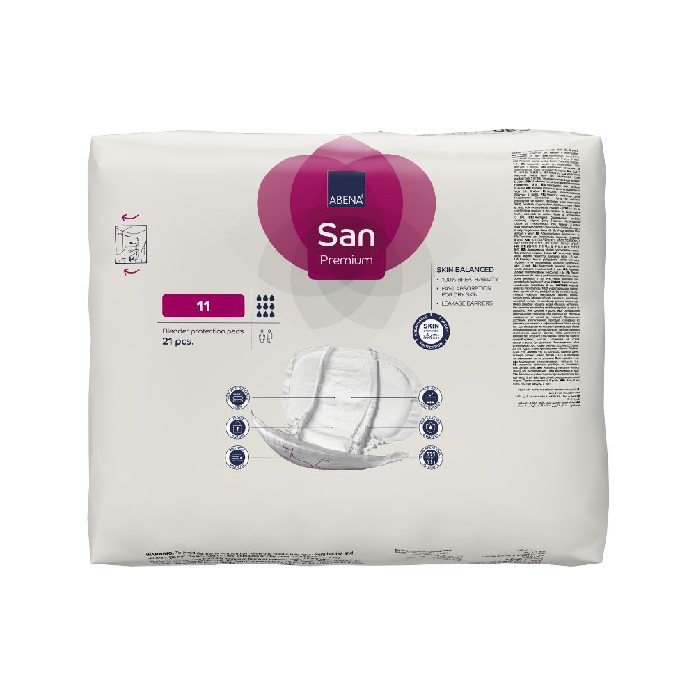 Abena San 11 Premium Vorlagen. Verpackung mit weißen Inkontinenzeinlagen. Enthält 11 Stück, 21 Einlagen. Mit Hautschutz- und Auslaufschutz-Symbolen.