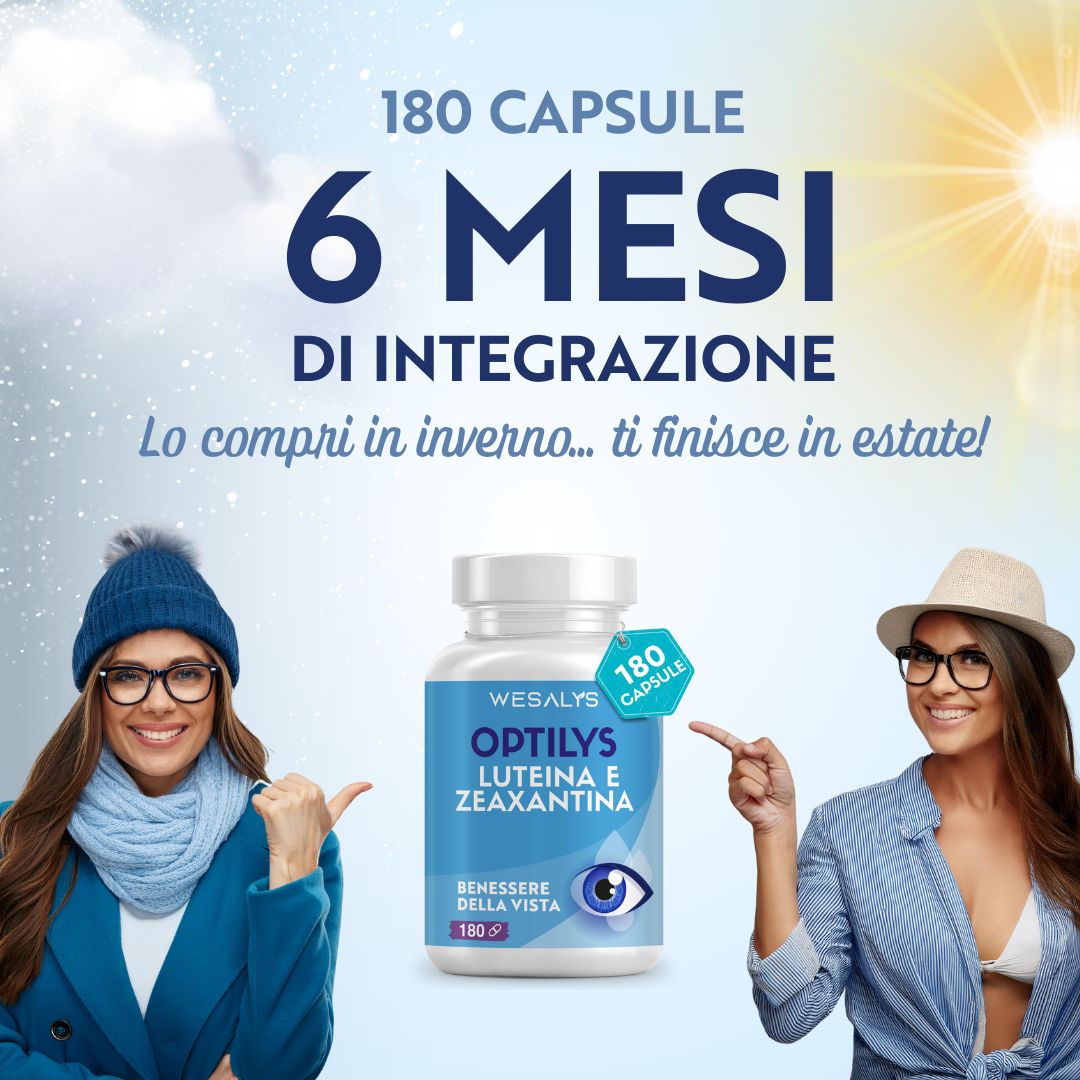 Flasche mit 180 Kapseln Optilys Lutein und Zeaxanthin für das Wohlbefinden der Augen.