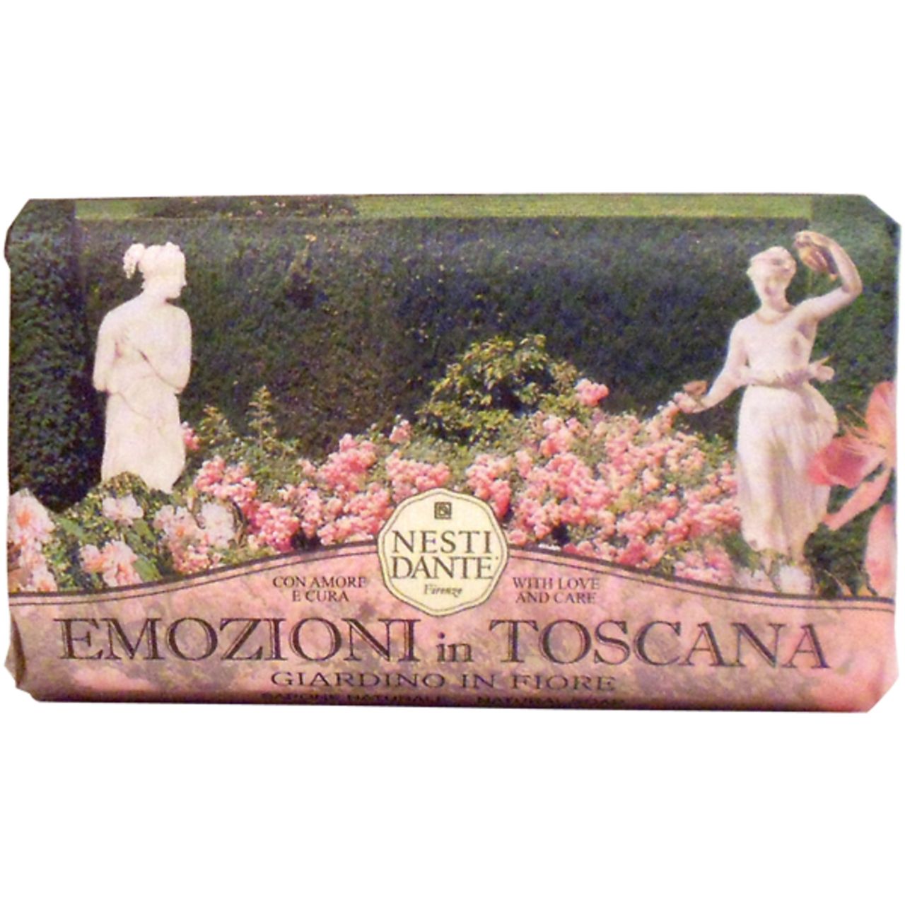 Seife "Emozioni in Toscana" mit Gartenmotiv und Statuen. Verpackung mit floralem Design.
