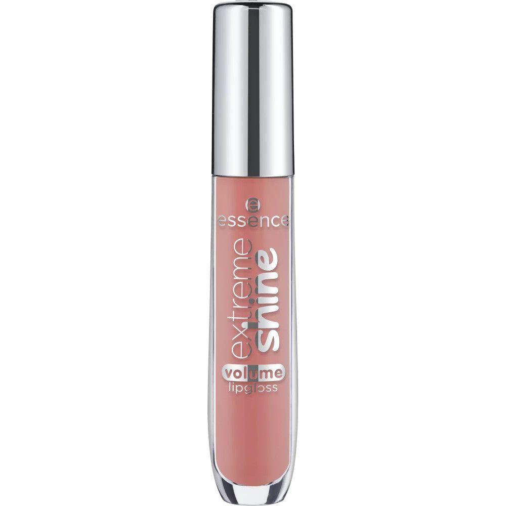 Essence Extreme Glanz Volumen Lipgloss. Transparente Tube mit silbernem Deckel. Rosa Inhalt. Schriftzug: Extreme Shine, Volume Lipgloss.