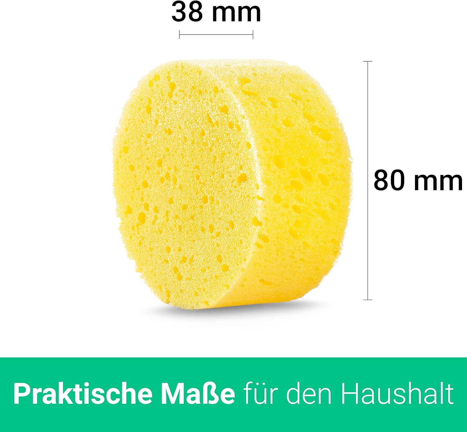 Gelber Polierschwamm mit Maßangaben: 38 mm Durchmesser, 80 mm Höhe. Text: Praktische Maße für den Haushalt.