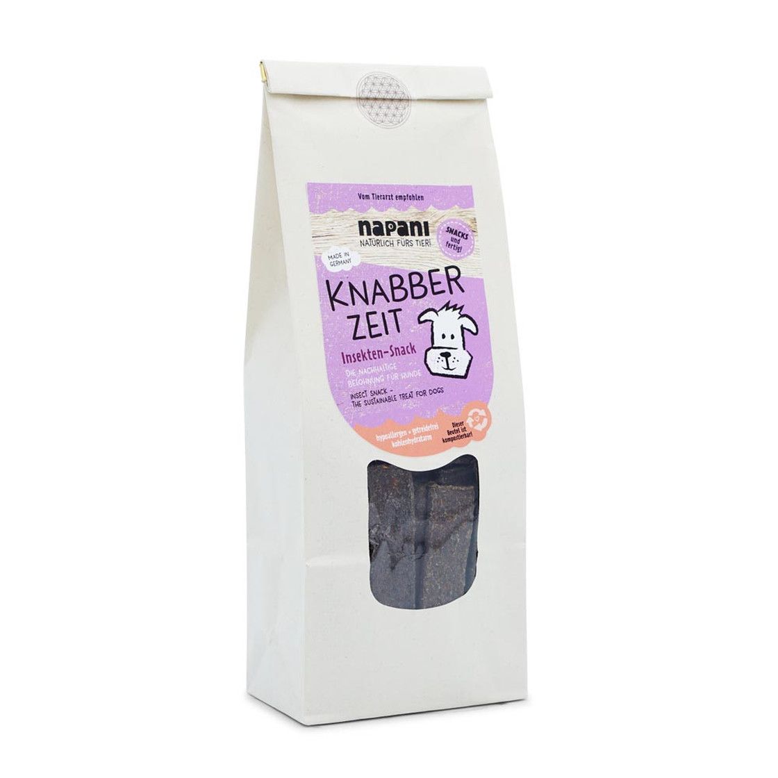 Beutel mit Produktbezeichnung und Sichtfenster. Aufdruck: napani Knabber Zeit - Insekten-Snack für Hunde.
