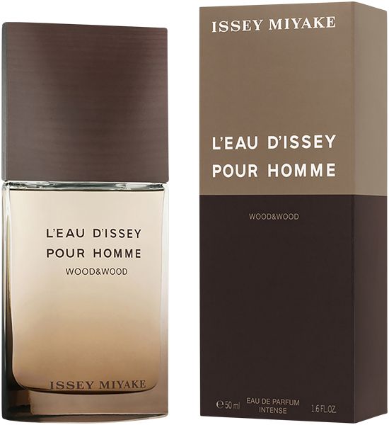 Flakon und Verpackung von Issey Miyake L'Eau d'Issey Pour Homme Wood & Wood. Braune Kappe, rechteckiger Flakon, Schriftzug.