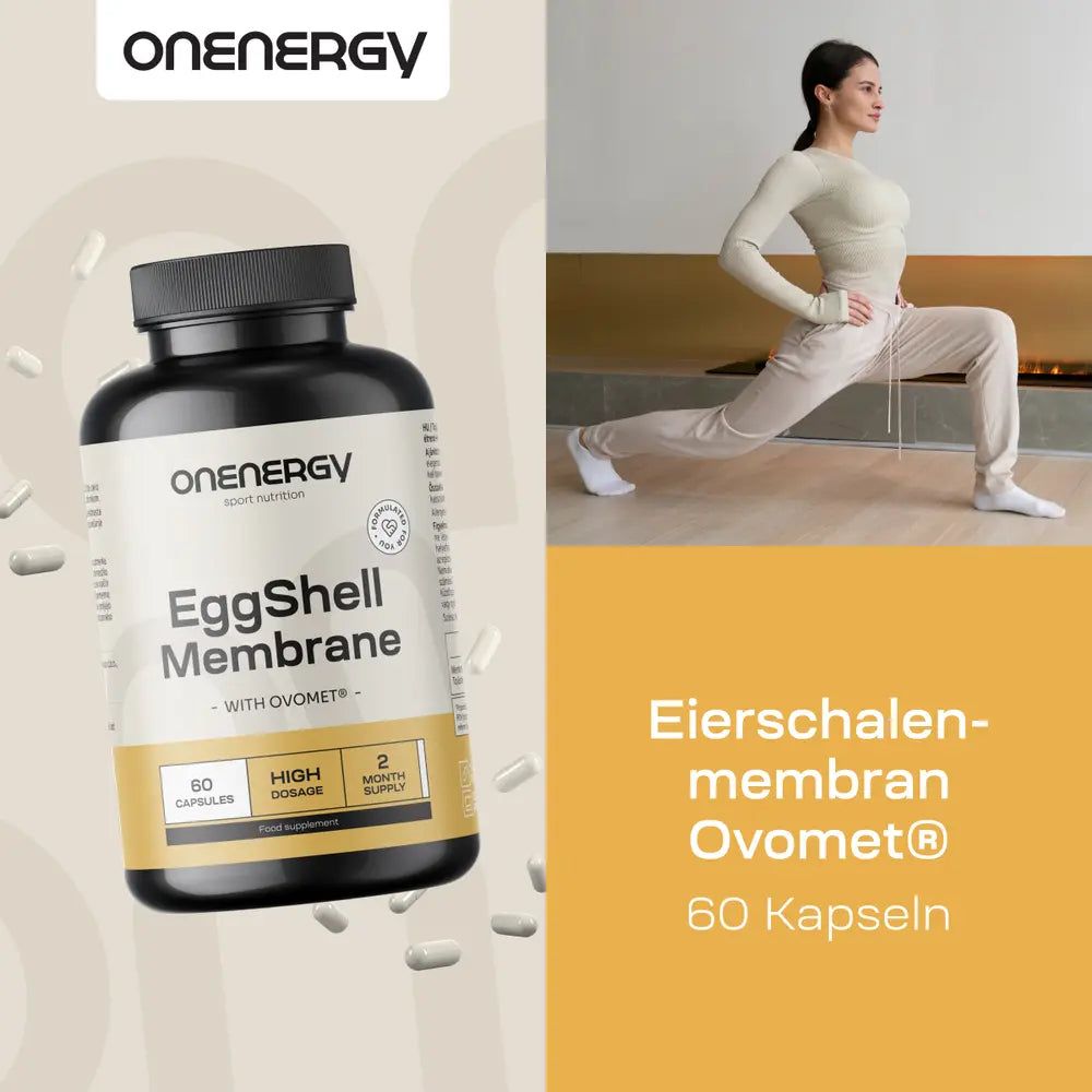 Flasche EggShell Membrane neben einer Frau beim Yoga.