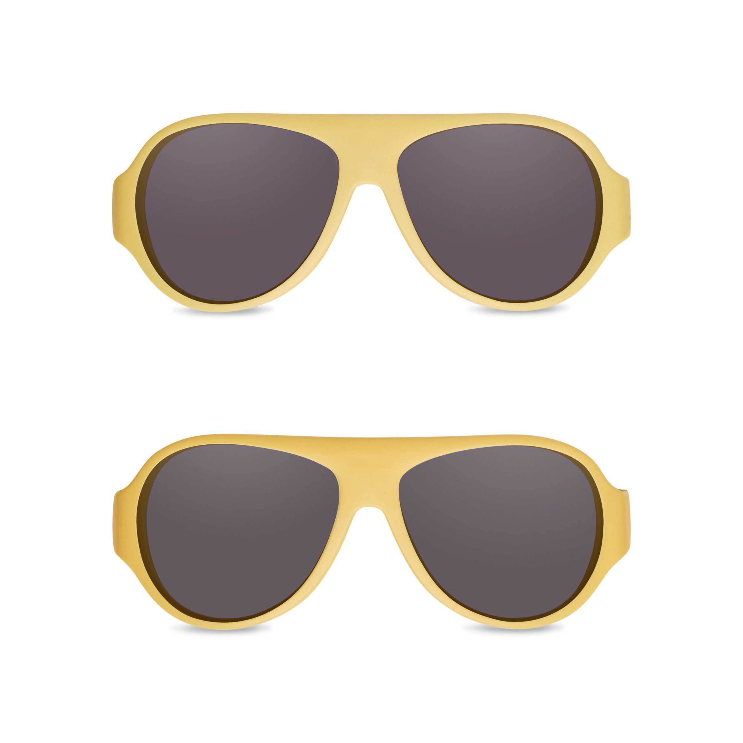 Zwei gelbe Sonnenbrillen mit dunklen Gläsern. Aviator-Form.