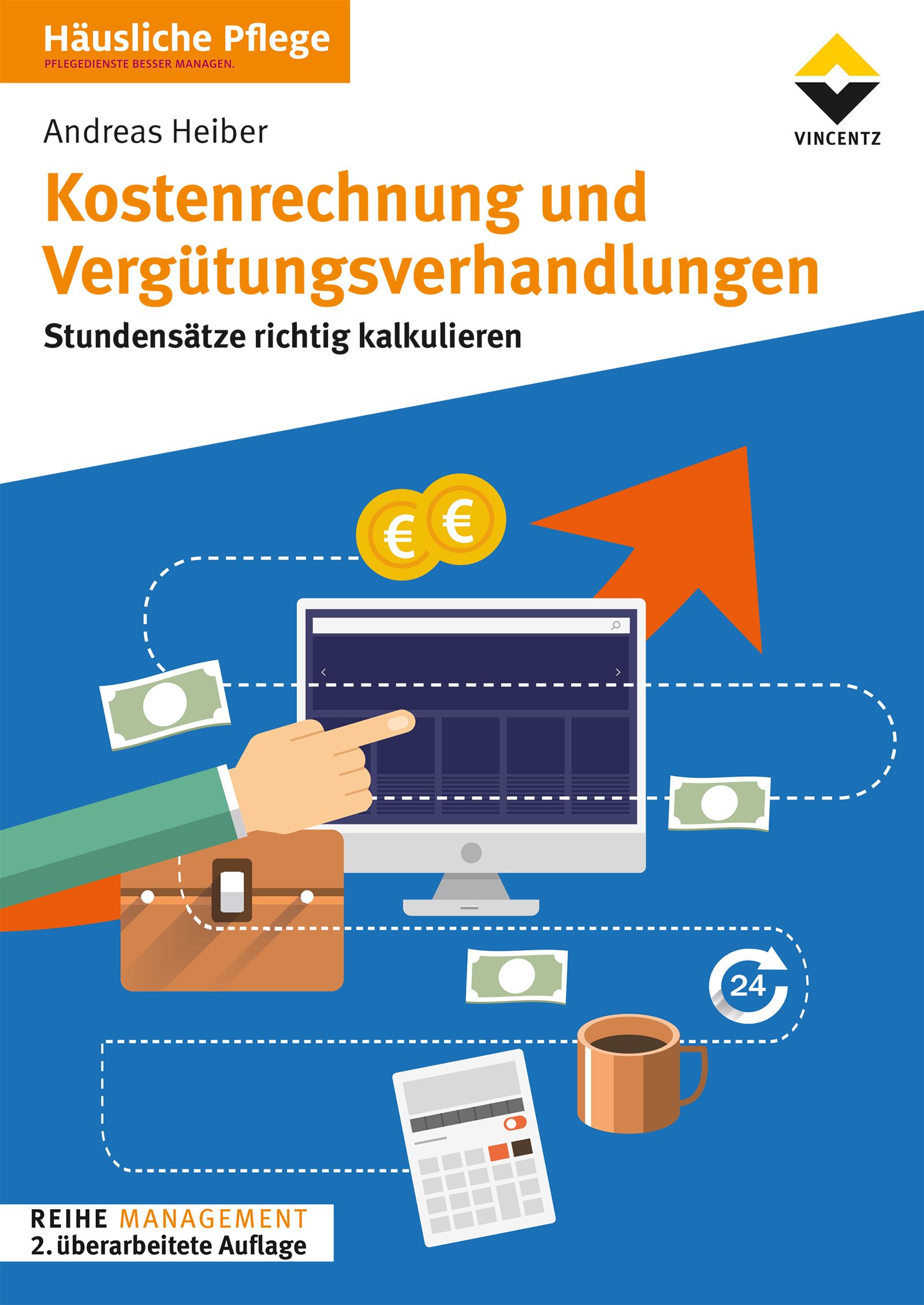 Buchcover mit Titel: Kostenrechnung und Vergütungsverhandlungen. Illustration mit Computer, Geld, Pfeil und Kaffeetasse.