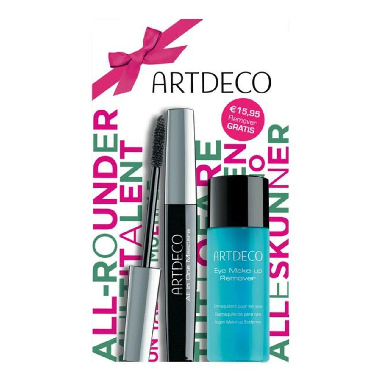 Artdeco All in One Mascara Set. Enthält Mascara, Augen-Make-up Entferner. Verpackung mit Schleife und Text.