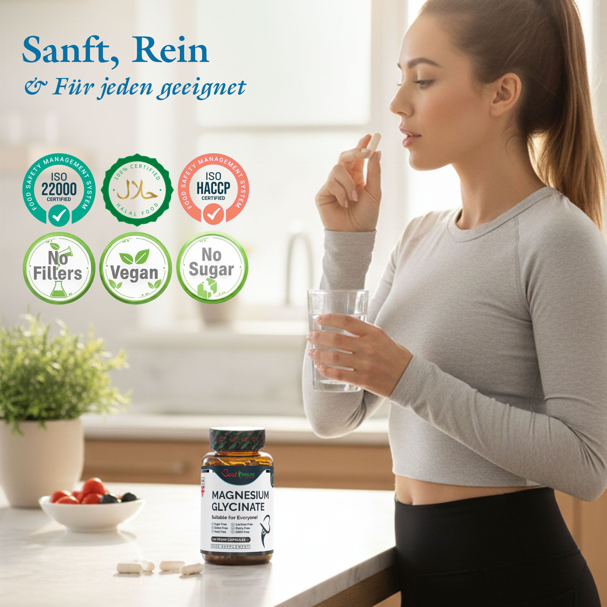 Frau nimmt Magnesiumglycinat-Kapsel ein. ISO 22000, Halal, HACCP, ohne Filter, vegan, ohne Zucker.