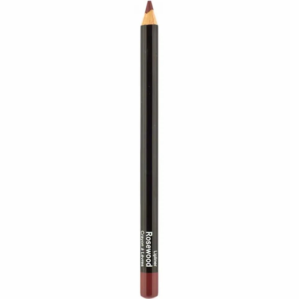 Lippenstift in Rosewood-Farbe. Holzstift mit schwarzem Schaft und farbigem Ende. Produktname und Farbtonbezeichnung.