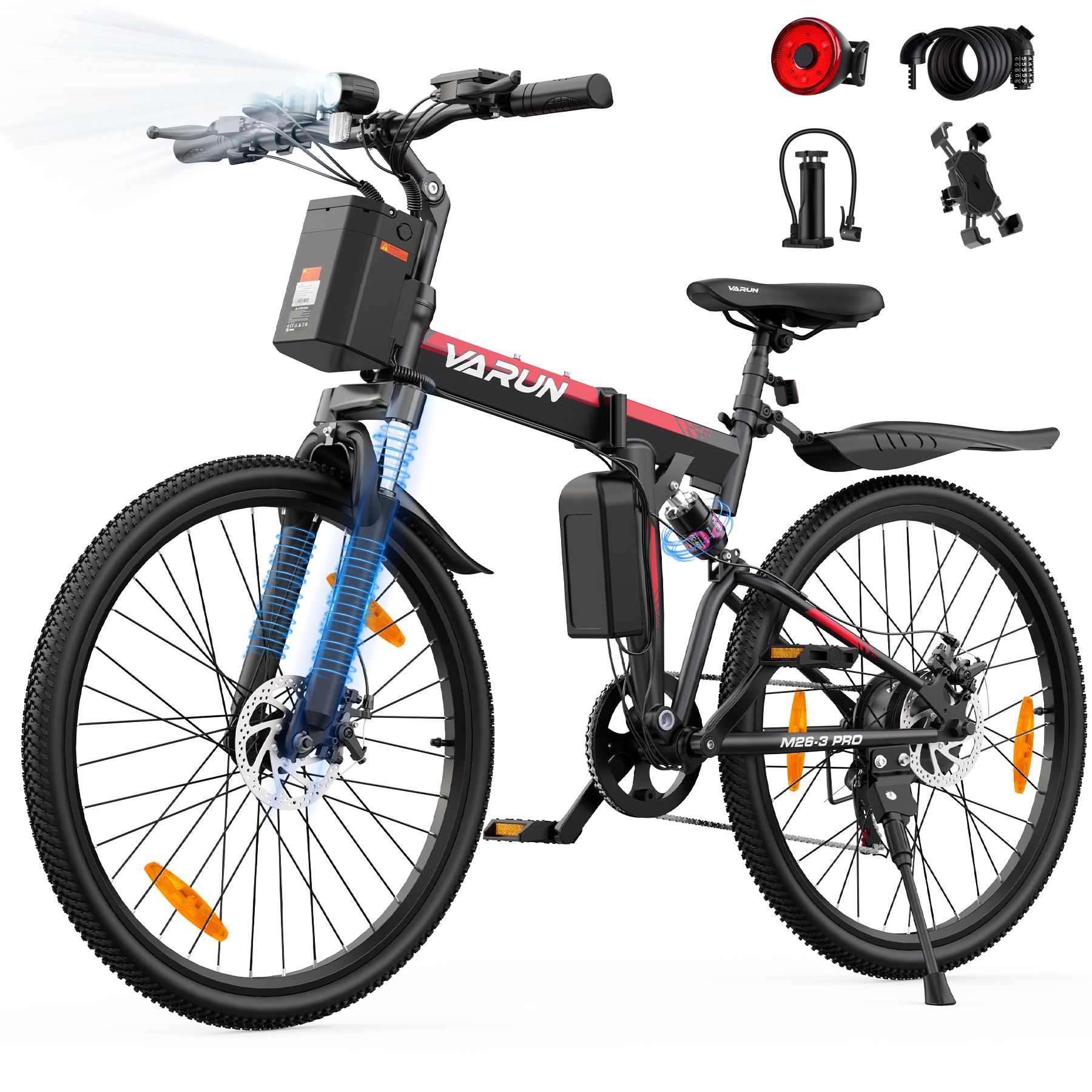 E-Bike mit Lichtstrahlen. Schwarzes Fahrrad mit roten Akzenten. VARUN-Logo sichtbar. Vollfederung, Scheibenbremsen.