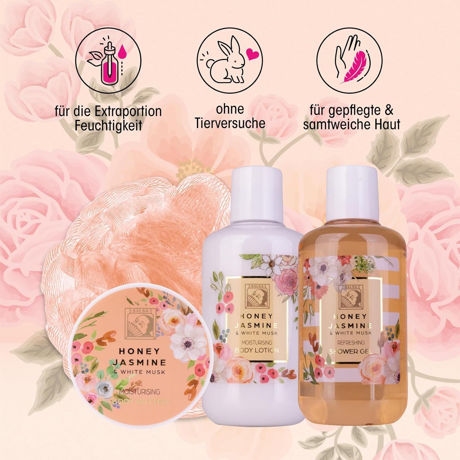 Duschgel, Bodylotion und Körperbutter. Produkte mit floralem Design. Symbole: Feuchtigkeit, tierversuchsfrei, weiche Haut.