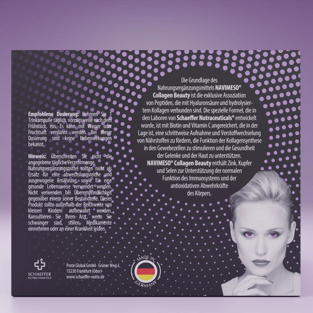 Verpackung von NAVIMESO® Collagen Beauty. Rückseite mit Text und Frauenporträt. Hergestellt in Deutschland.