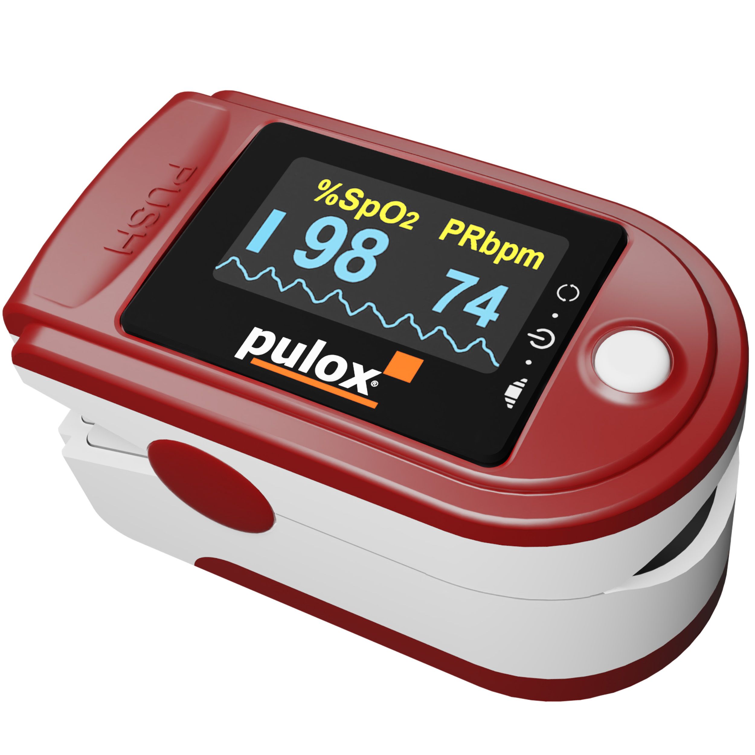 Rotes Pulsoximeter mit weißem Akzent, zeigt %SpO2 und PRbpm auf LCD-Display. Mit "pulox" Logo.