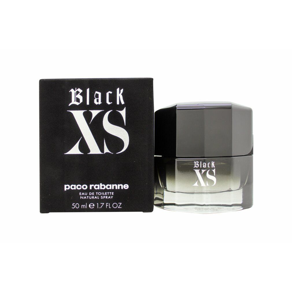 Schwarze rechteckige Schachtel und Flakon. Auf der Schachtel steht "Black XS" und "Paco Rabanne". Der Flakon ist quadratisch.