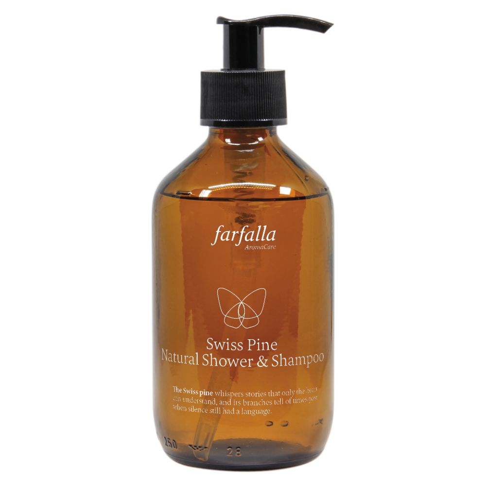Braune Glasflasche mit schwarzem Pumpkopf. Aufschrift: Farfalla, Swiss Pine Natural Shower & Shampoo. Logo: zwei Schmetterlinge.