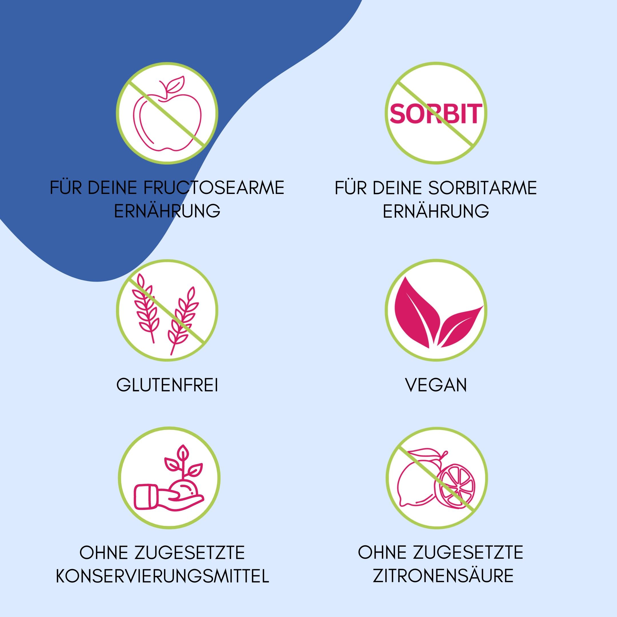 Kreisförmige Symbole mit Text: "Ohne Fructose", "Ohne Sorbit", "Glutenfrei", "Vegan", "Ohne zugesetzte Konservierungsmittel", "Ohne Zitronensäure".