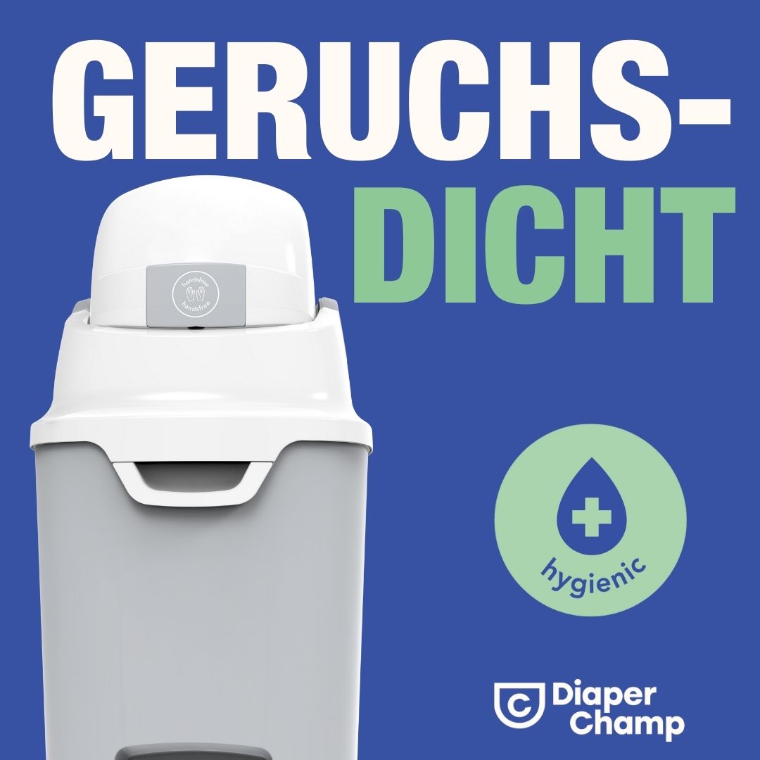 Grau-weißer Windeleimer mit Deckel. Text: GERUCHSDICHT. Logo: Diaper Champ. Symbol: Tropfen mit Kreuz, hygienic.