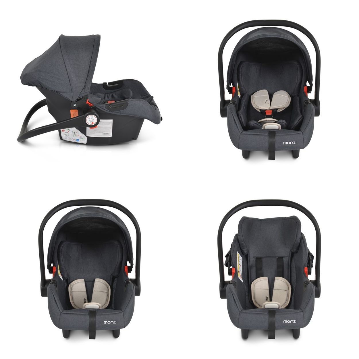 Babyschale mit rosa Verdeck und Sitzpolsterung. Mehrere Ansichten.