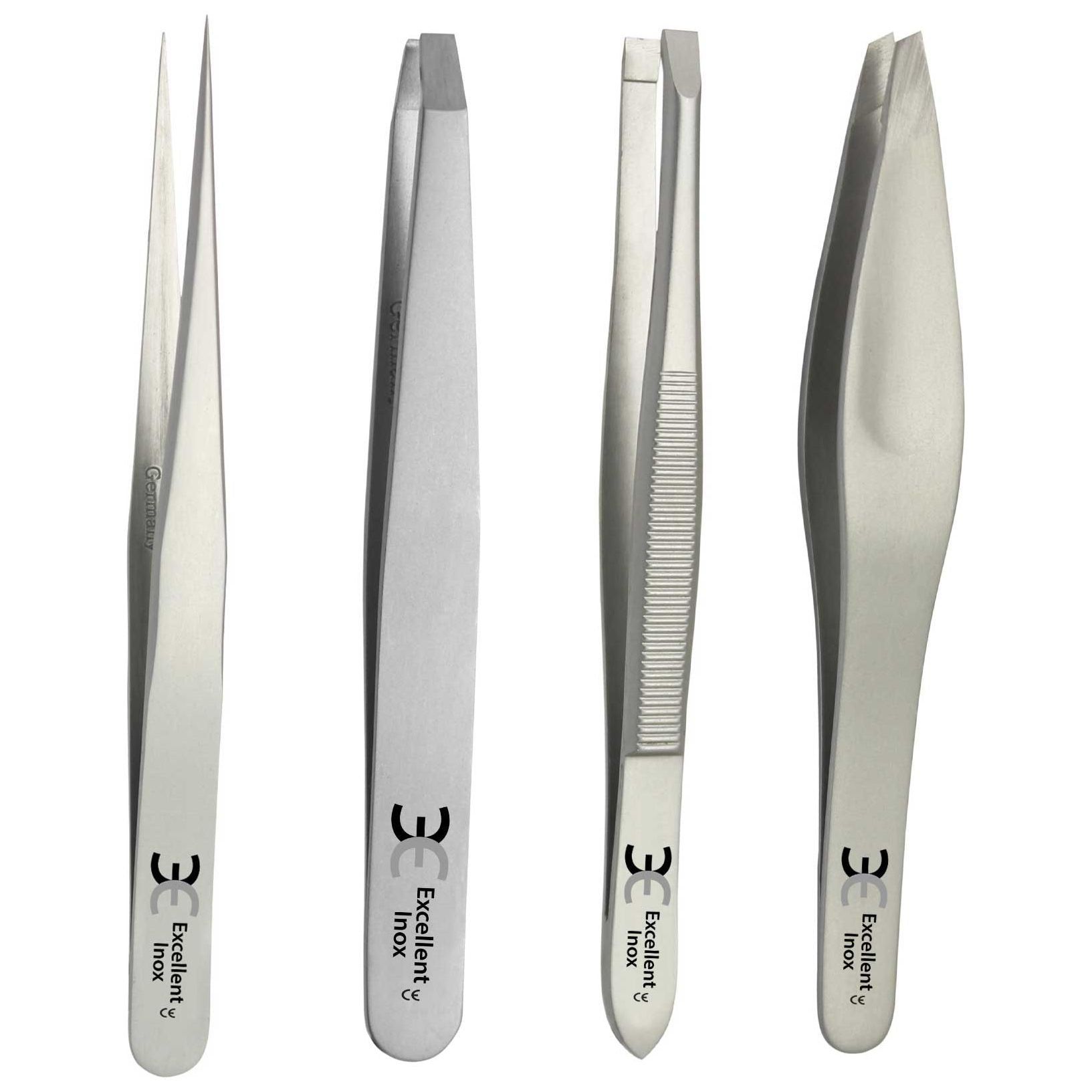 Vier Pinzetten aus Edelstahl. Verschiedene Spitzenformen. Marke: Excellent, Inox.