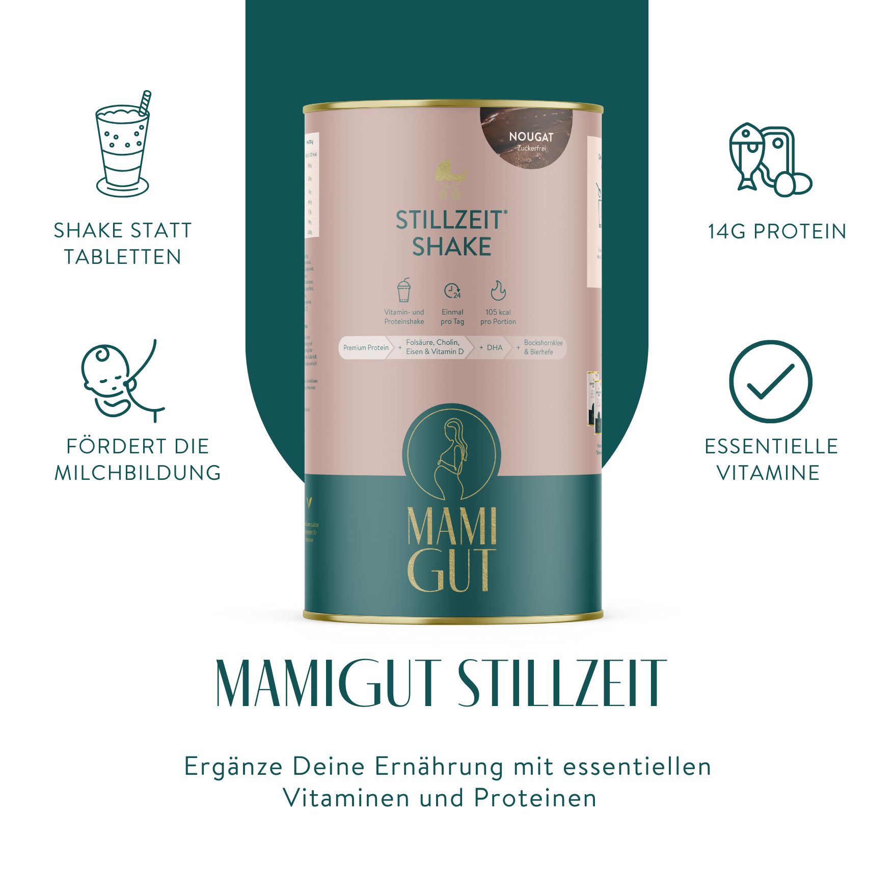 Zylindrische Dose mit "Stillzeit Shake"-Etikett. Logo: Mami Gut. Text: Fördert die Milchbildung, 14g Protein, essentielle Vitamine.