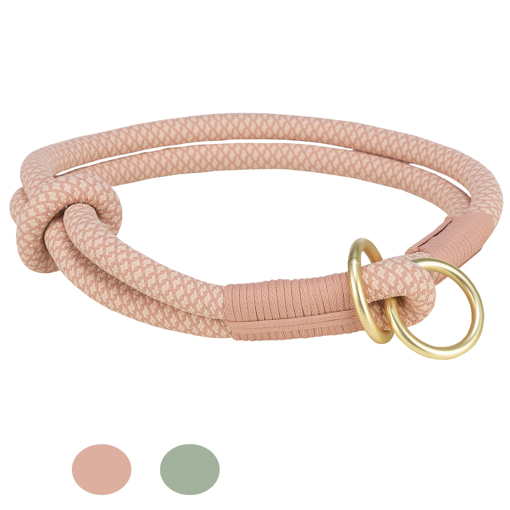 Rosa Hundehalsband mit Zugbegrenzung. Rundes Seil mit Knoten und goldfarbenem Ring.