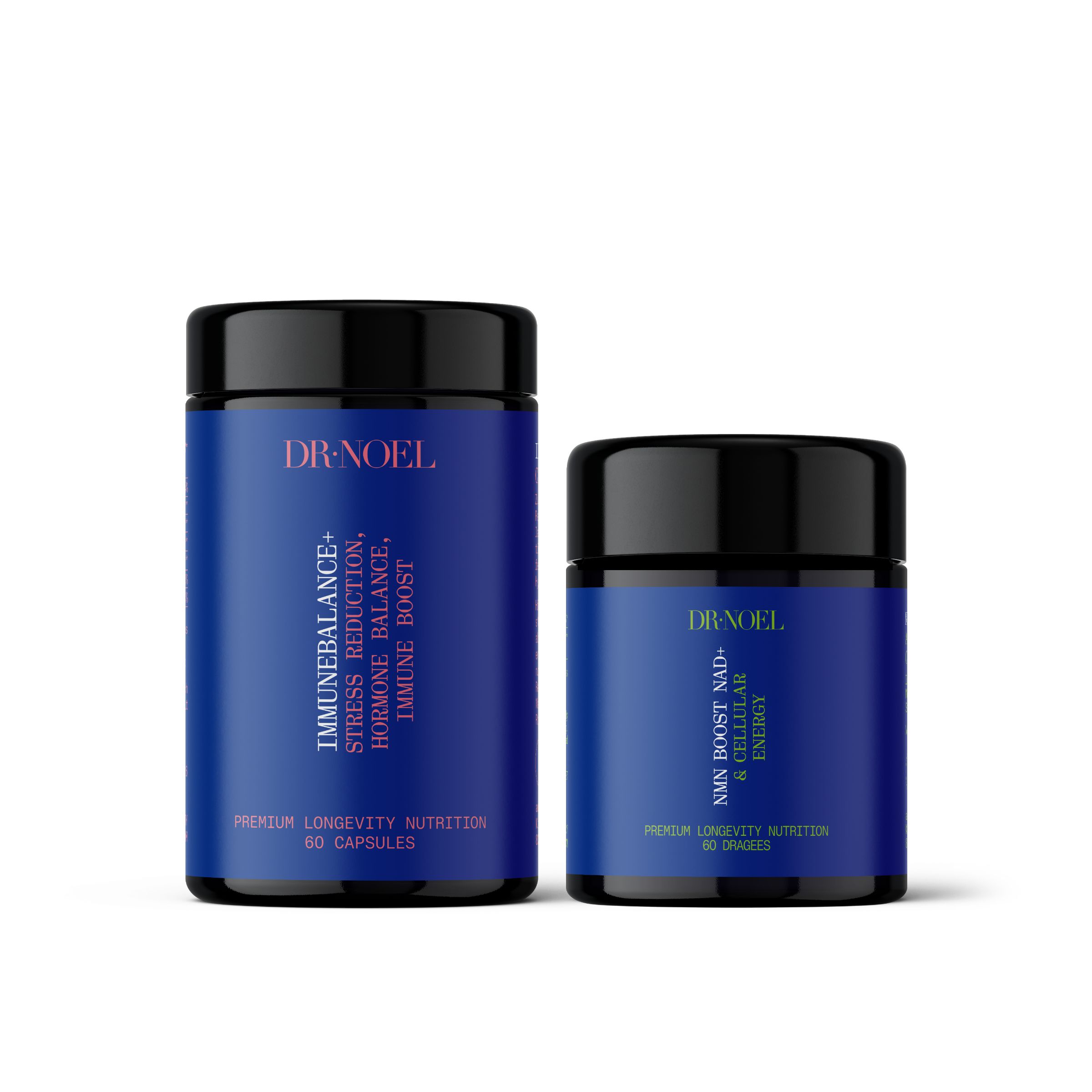 Zwei blaue Flaschen von Dr. Noel. IMMUNEBALANCE+ und NMN BOOST NAD+. 60 Kapseln. Premium Longevity Nutrition.