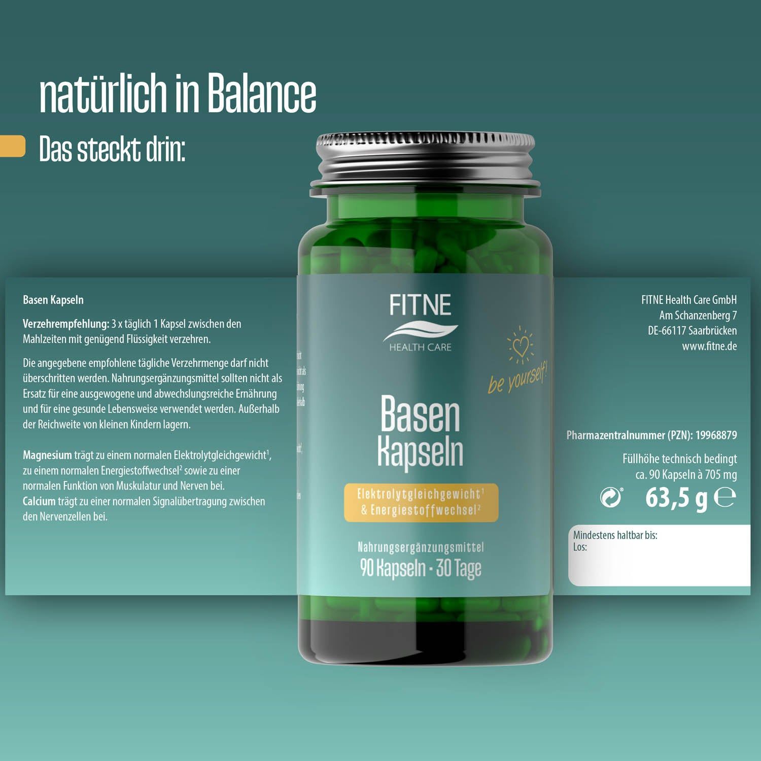 Glas mit Kapseln, grüne Verpackung. Aufschrift: FITNE Basen Kapseln. 90 Kapseln. 30 Tage. Enthält Magnesium und Calcium. Beipackzettel.