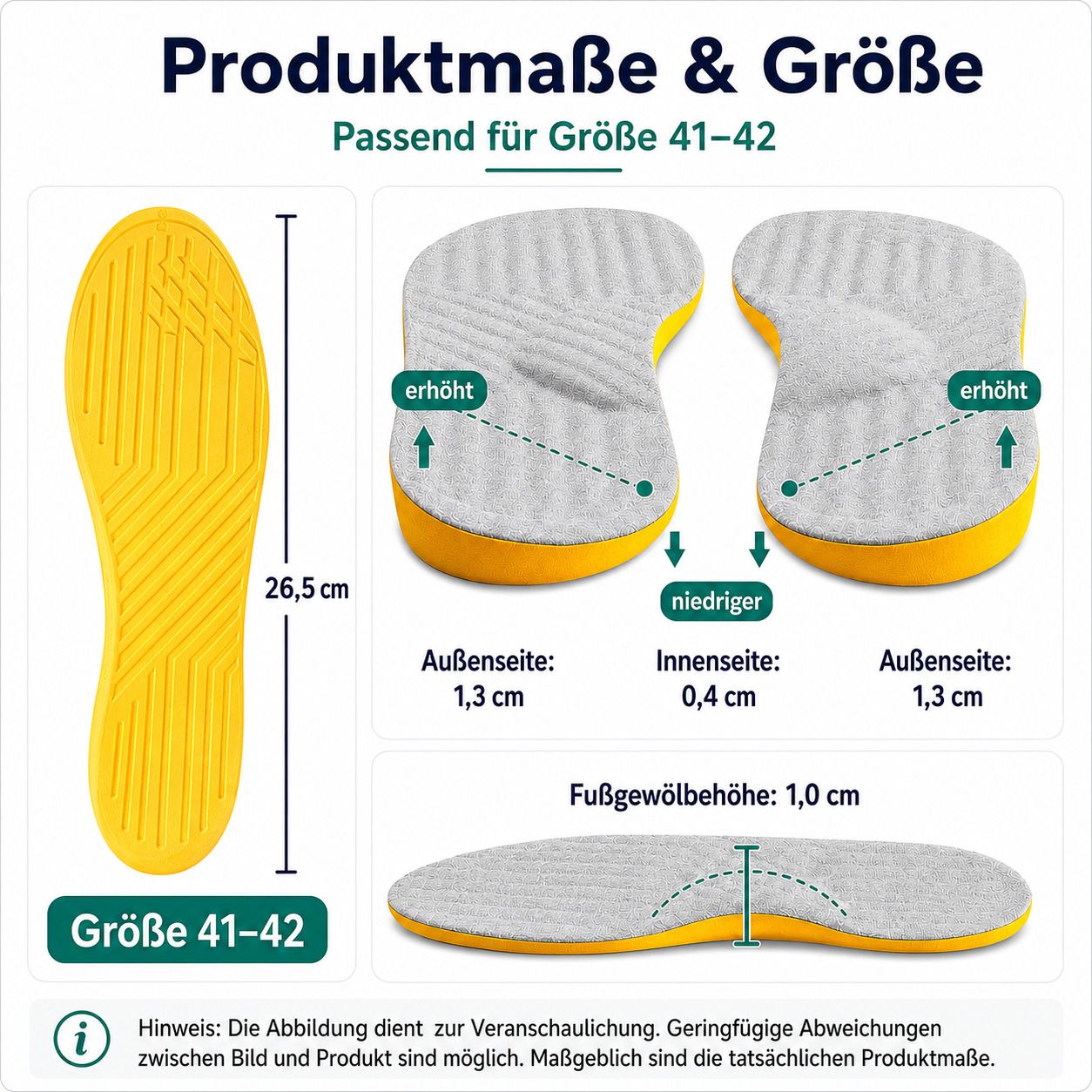 Produktmaße und Größenangabe für Einlegesohlen, passend für Größe 41-42.